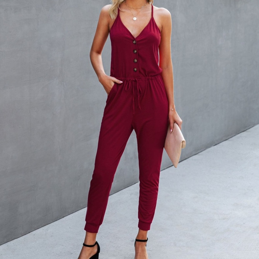 Drawstring Button Front Cami Jumpsuit Boho Olive - Picture 6 of 10